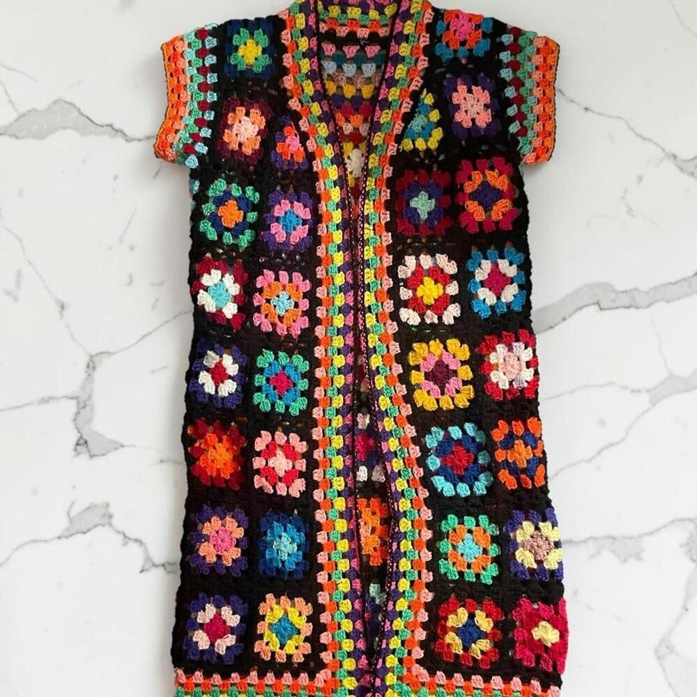 Multicolor Crochet Granny Square Duster Vest Boho Festival Longline Cardigan - Picture 2 of 7